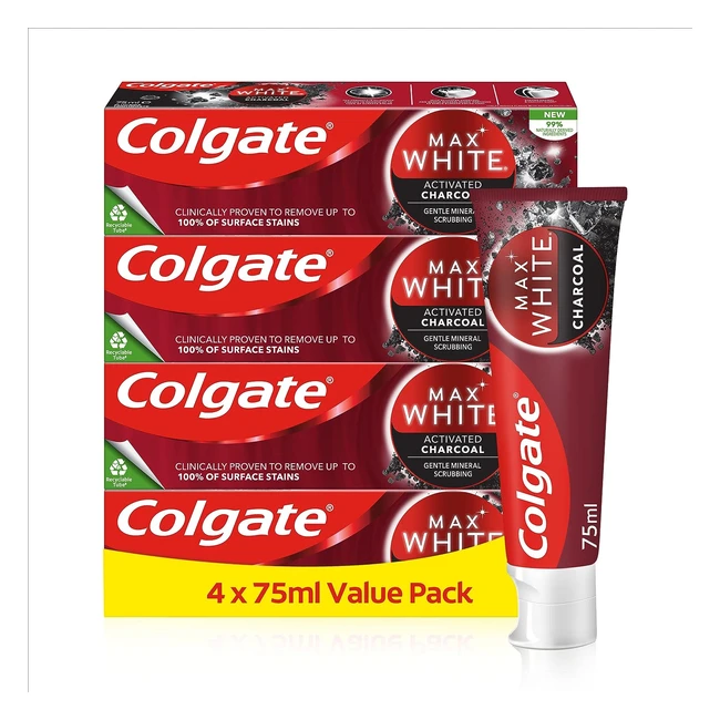 Colgate Max White Activated Charcoal Toothpaste 75ml 4pack - Removes 100% of Surface Stains