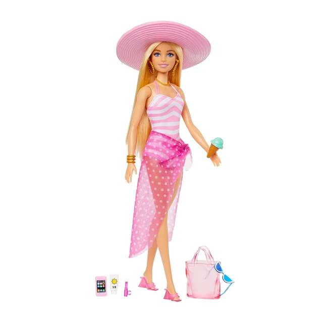 Barbie Plage Poupée Mannequin Blonde - Maillot de Bain Rose et Blanc - Accessoires Inclus - Jouet Enfant