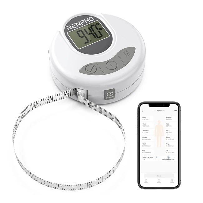 Mètre Ruban Numérique Intelligent Renpho avec Bluetooth - Mesure Automatique de la Circonférence des Membres - Perte de Poids et Gain Musculaire - Blanc