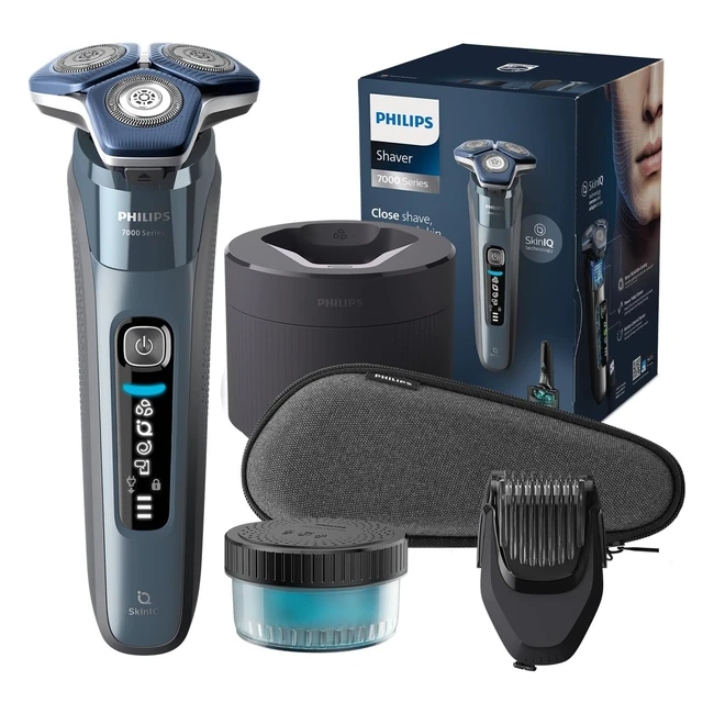 Philips S7000 Elektrischer Nass Trockenrasierer in Eisblau - Skiniq Technologie - Barttrimmeraufsatz - Reinigungsstation - Modell S788254