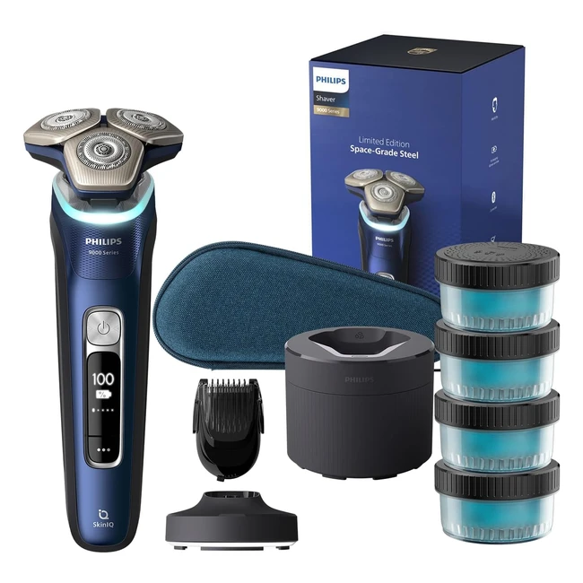 Philips Shaver Series 9000 Elektrischer Nass- und Trockenrasierer für Männer in Blau mit Lift and Cut System, Skiniq-Technologie, ausklappbarem Trimmer, Ladestation und Reisetasche, Modell S998074