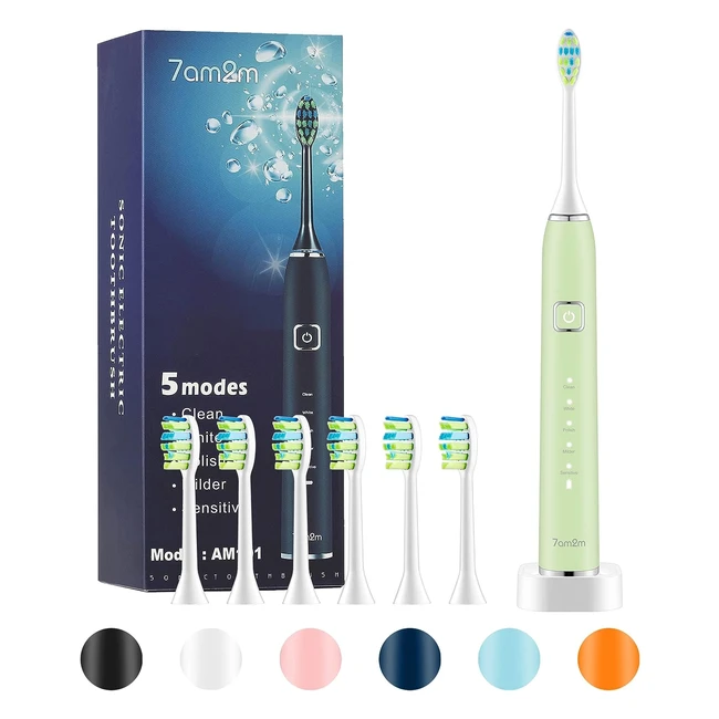 7am2m Sonic Electric Toothbrush - Wireless Fast Charge - 60 Days Battery Life - 5 Modes - 6 Brush Heads