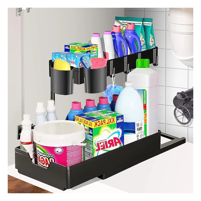 Estantería de cocina Biaoqinbo, 2 niveles, debajo del fregadero, organizador con ganchos y tazas, ¡Ordena tu cocina ahora!