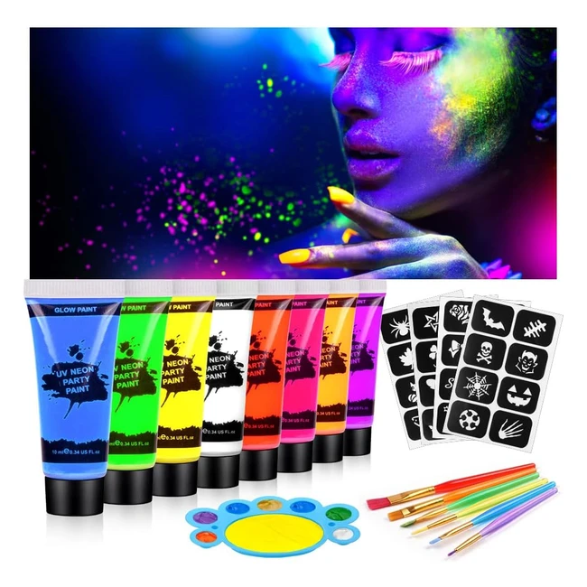 Aoowu Ultraviolet Glow Face Body Paint Set - 8 Colors UV Blacklight Neon Fluores