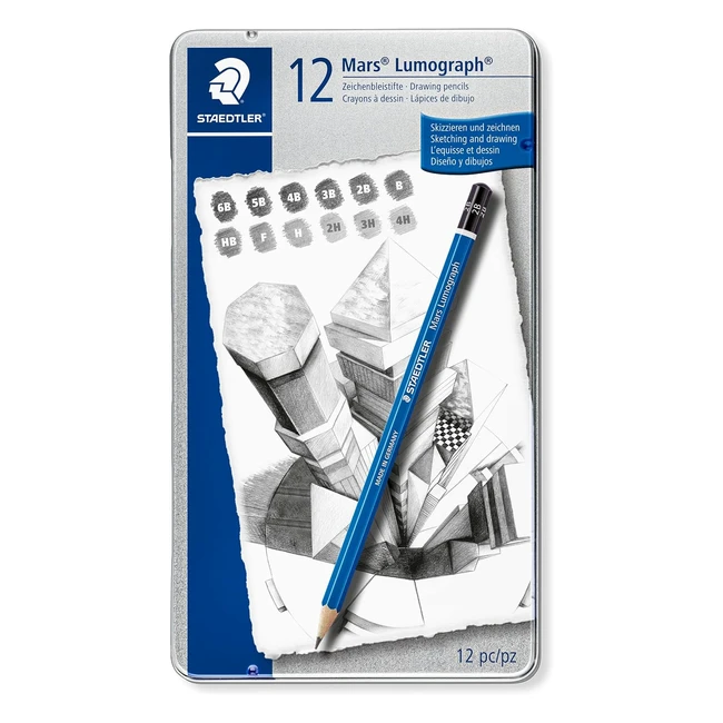 Staedtler Mars Lumograph Tin of 12 Drawing Pencils - Premium Quality, Break Resistant, Ideal for Artists and Designers