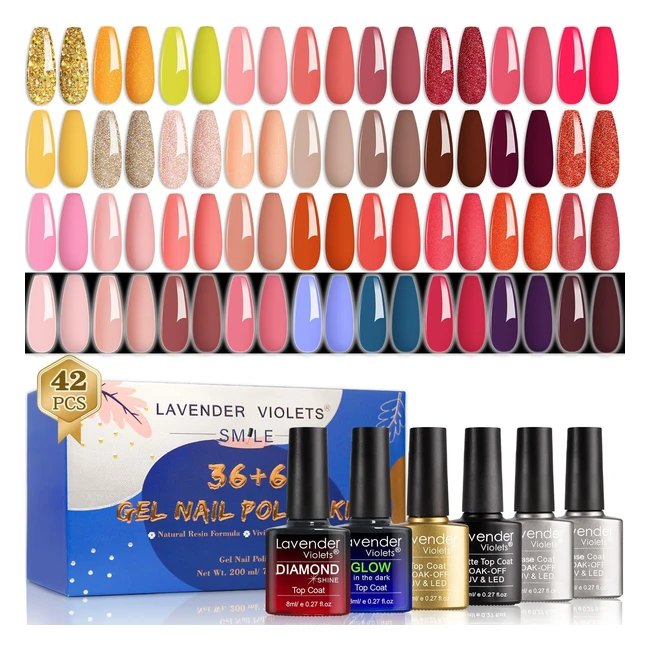 Vernis à ongles gels semi-permanents Lavender Violets - 42 pcs - UV LED - Base et top coat - Diamants et brillent dans l'obscurité