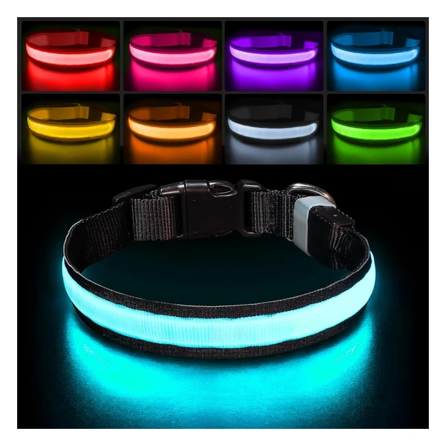 Super Bright LED Dog Collar USB Rechargeable - Increased Visibility at Night - Waterproof - 7 Colors - Adjustable