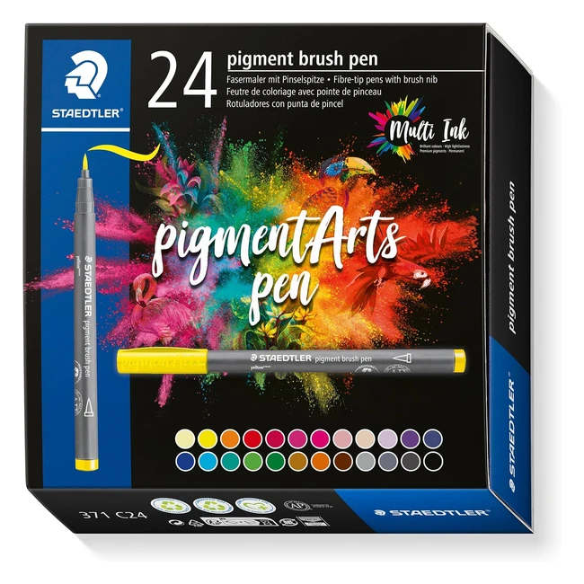 Staedtler 371 C24 Pigment Arts Brush Pen - Assorted Basic Colours - Pack of 24
