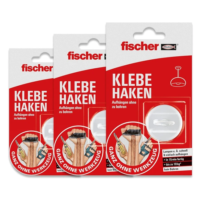 Fischer Klebehaken 3er Pack, selbstklebende Wandhaken in Weiß, praktisches Aufhängen ohne Bohren, für Bad und Küche, stark haftender Haken bis zu 10 kg, exklusiv bei Amazon