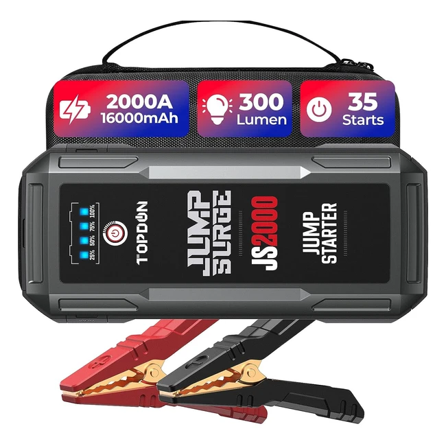 TOPDON Starthilfe Powerbank JS2000 - Starterbatterie 2000A Auto Booster Power Pack - Bis zu 8L Benzin/6L Dieselmotoren - KFZ Jump Starter mit Starthilfekabel - EVA Tasche - Eingebaute LED - 16000mAh