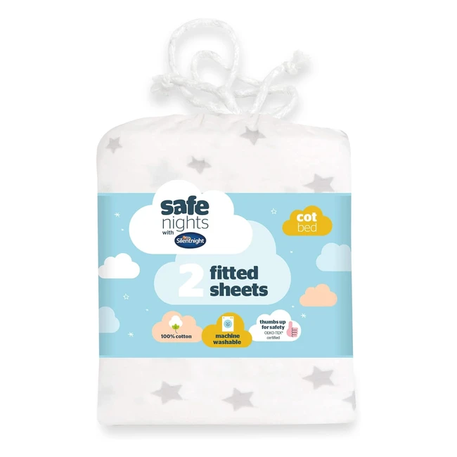 Silentnight Safe Nights Moses Basket Fitted Sheets - Pack of 2 - Grey Star - Soft & Breathable