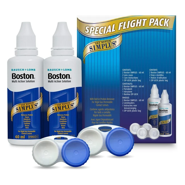 Boston Simplus Travel Contact Lens Solution 2x 60ml - Clean, Disinfect, Condition - Flight Pack Size