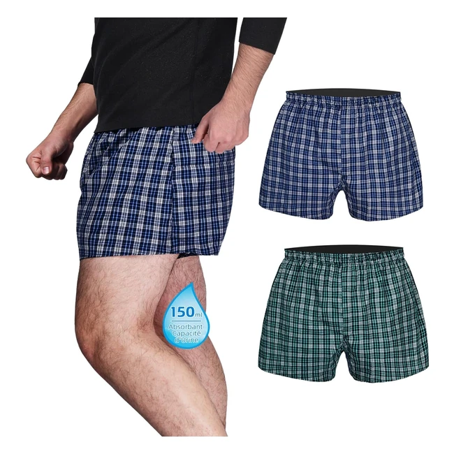 Boxer homme incontinence lavable Tiichoo - Absorption régulière - Lot de 2 - Carreaux vert bleu