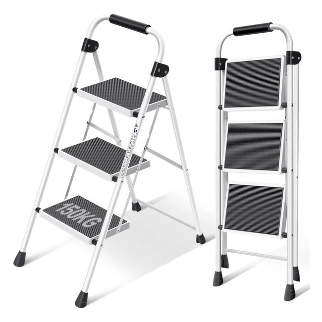 Kingrack 3 Step Folding Ladder - Non-Slip, Wide Pedal, Sturdy Steel - Lightweight & Portable