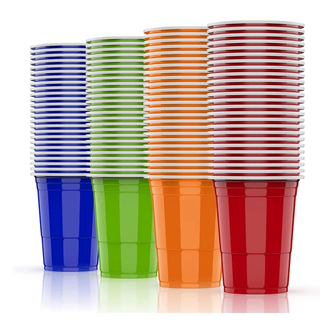 Lot de 100 gobelets à boire AOLUXLM, 480 ml (16 oz), 25 rouges, 25 bleus, 25 verts, 25 orange, avec 10 balles de table - Idéal pour Noël, anniversaire, mariage