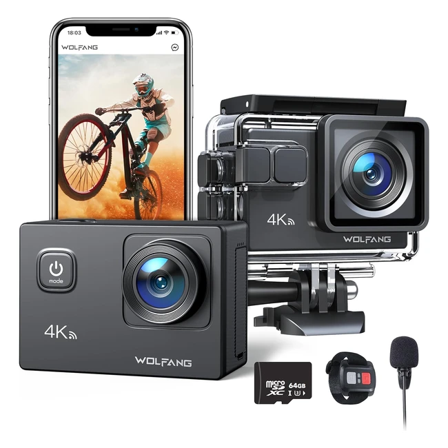 Wolfang Action Camera GA100 - 4K 30fps 20MP - Waterproof 40m - Dual Mic - 64GB M