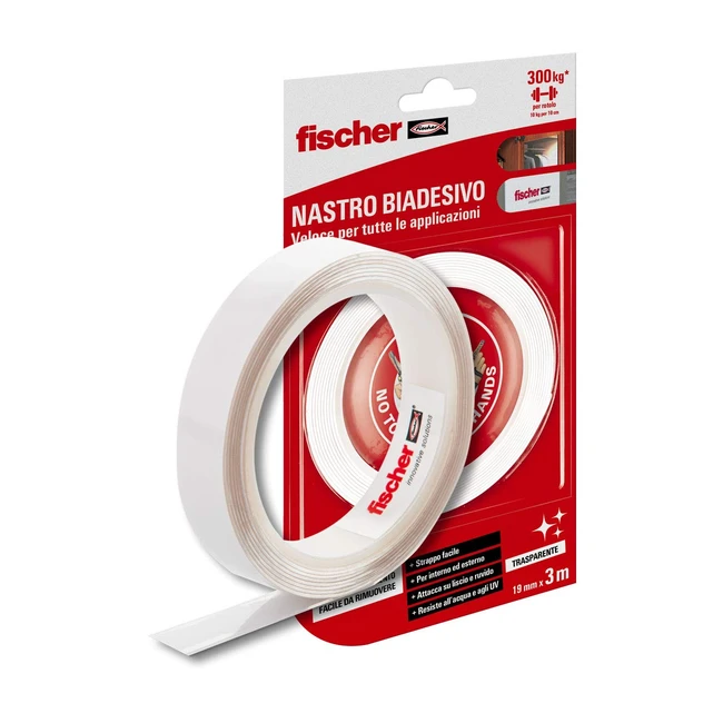 Fischer Nastro Biadesivo NTJH Trasparente Fino a 300 kg - Resistente all'Acqua - Fissaggio di Specchi, Cornici, Teli, Targhe - Bianco 1 19 mm x 3m