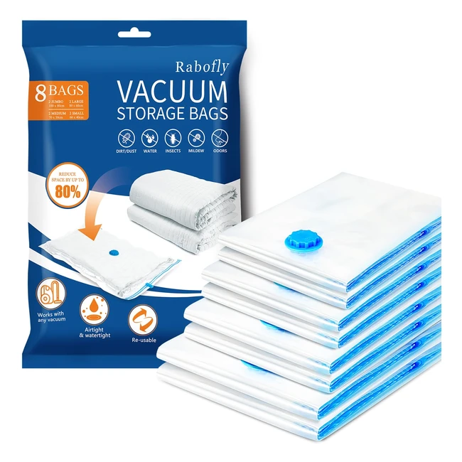 Rabofly Premium Vacuum Storage Bags - Pack of 8 - Save 80% Space - Double Zip Seal - Reusable