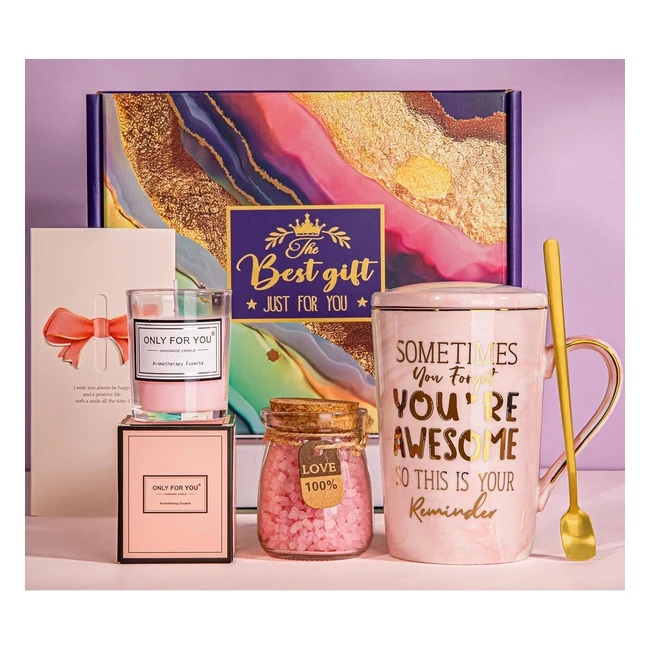 Inspirational Thank You Gift Set - Birthday Pamper Gifts for Women - Relaxation Spa Bath Set - Unique Gift Box - Coffee Mug, Candle, Bath Salts
