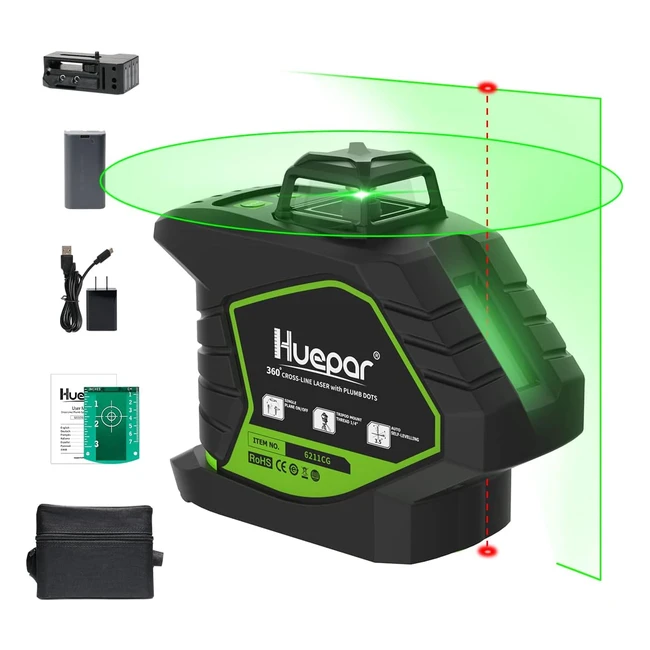 Huepar 360 Laser Level Green 6211CG - Switchable Cross Line, 2 Plumb Points, Self-Leveling