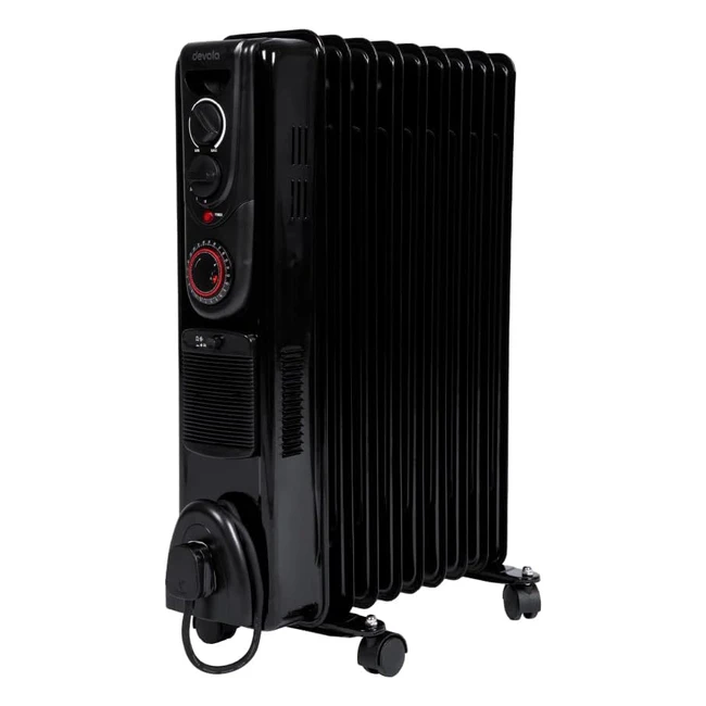 Devola 2500W Oil Filled Radiator - Adjustable Heating Dial, PTC Fan Heater - DVSOR9F25B