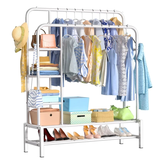 Zhziro Metal Clothes Rail Double Pole Clothes Rack - Multifunctional Garment Rack with Storage Shelves - White