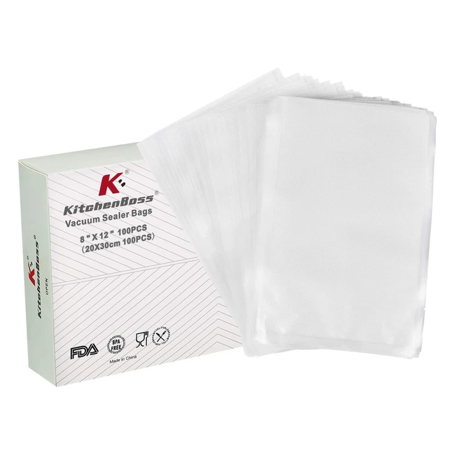 Buste Sottovuoto Alimenti KitchenBoss - 100 Buste 20x30m - Conservazione Freschezza 8x - Sicure e Resistenti