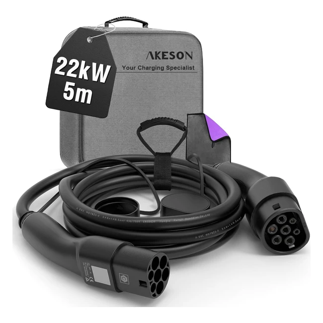 Akeson Type 2 Charging Cable | Fast & Efficient | 22kw 5m | Threephase 32a | IP55 Waterproof