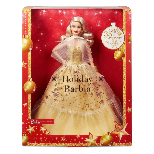 Barbie 2023 Holiday Puppe 35. Jubiläumsedition mit goldenem Kleid, glitzernden Sternendetails und Echtheitszertifikat