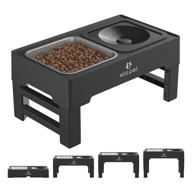 ELS Pet Raised Dog Bowl 2in1 - Nonspill Slow Water Bowl - Stainless Steel Food Bowl - Adjustable Height - Small Medium Large Dog Cat