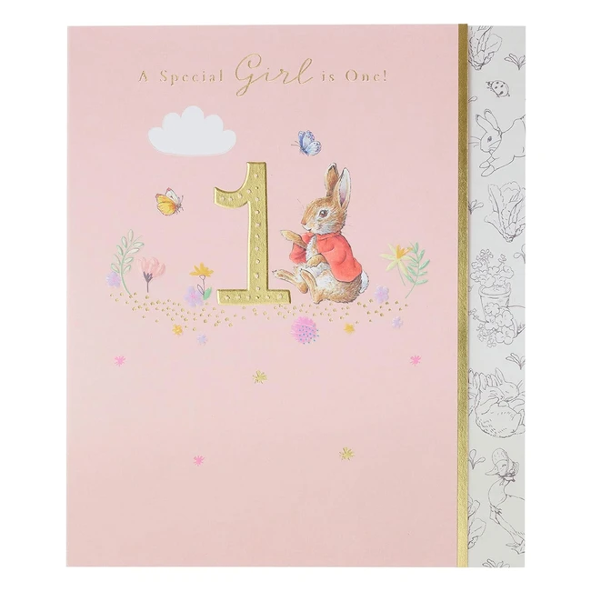 Tarjeta de Felicitación Peter Rabbit 1er Cumpleaños Niña Diseño Rosa
