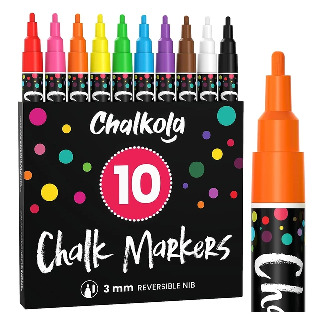 Fine Tip Chalk Pens - Pack of 10 Colour Markers - Use on Chalkboard, Whiteboard, Window, Blackboard - 3mm Reversible Nib