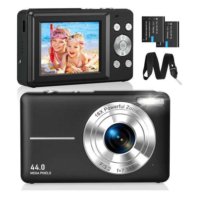 Appareil photo numrique compact 1080p FHD 44MP enfant - Zoom 16x - 2 batteries