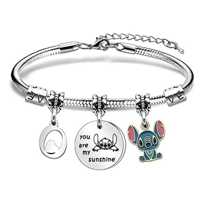 Stitch Gifts for Her Silver Pendant Bracelet - Initial Letter Bracelets for Women Girls
