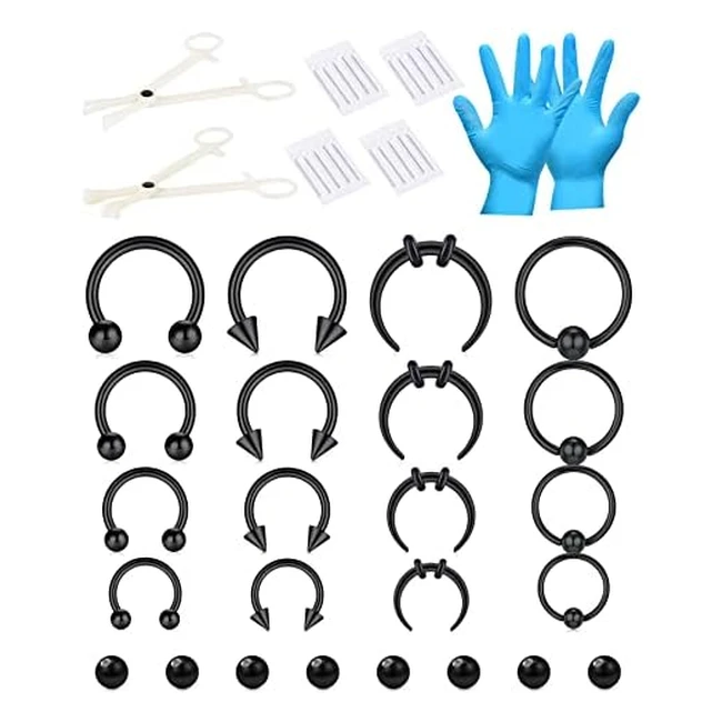 Ensemble de piercing Niusiman 66113 en acier chirurgical - Kit complet avec gants de serrage - Pour nombril, langue, téton, sourcil, lèvre, septum, nez, oreille