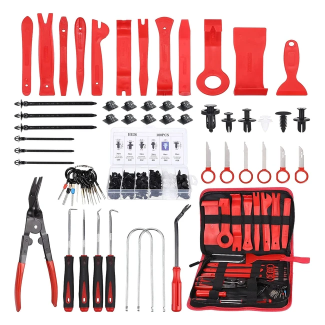 Kit d'outils de démontage de garnitures de voiture 158 pièces avec clips plastiques et bandes de câble - Rouge
