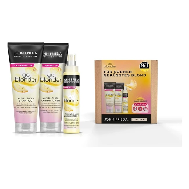 John Frieda Go Blonder Set Vantaggi Capelli Biondi - Shampoo, Balsamo, Spray Sbiancante, Maschera Megrhythm Gratis
