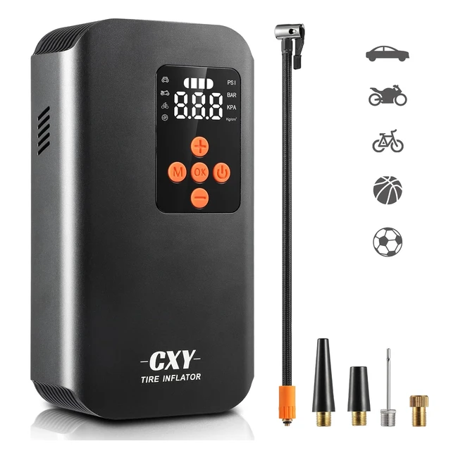 CXY Cordless Tyre Inflator - Fast Inflation, Rechargeable 150PSI, LCD Display, LED Light