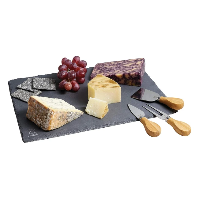 Artesa Juego de Tabla de Quesos con Bandeja de Pizarra Natural y 3 Cuchillos de Queso de Acero Inoxidable y Madera de Acacia
