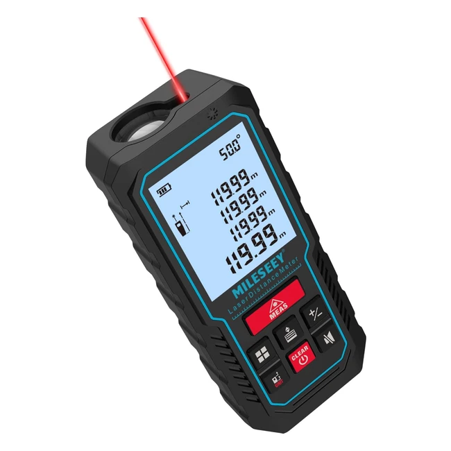 Mileseey 120m Laser Measure Device - Upgraded Electronic Angle Sensor - 2mm Accuracy - Area Measurement - Volume and Pythagoras - 2LCD Backlit