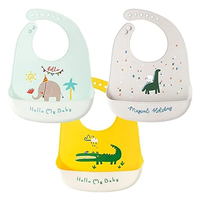 Baberos de Silicona Bebé Impermeables - Fácil Limpieza - Bolsillo Grande - Sin BPA - Unisex - 3 Piezas