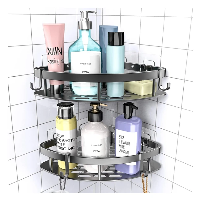 Estantería de ducha sin taladros Warmtuyo, esquina de baño con 4 ganchos móviles, espacio de aluminio - 2 piezas negro