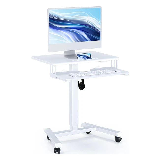 Bontec 65 45cm Two-Tier Mobile Computer Workstation - Height Adjustable Standing Desk - Laptop Stand on Wheels - Medical White