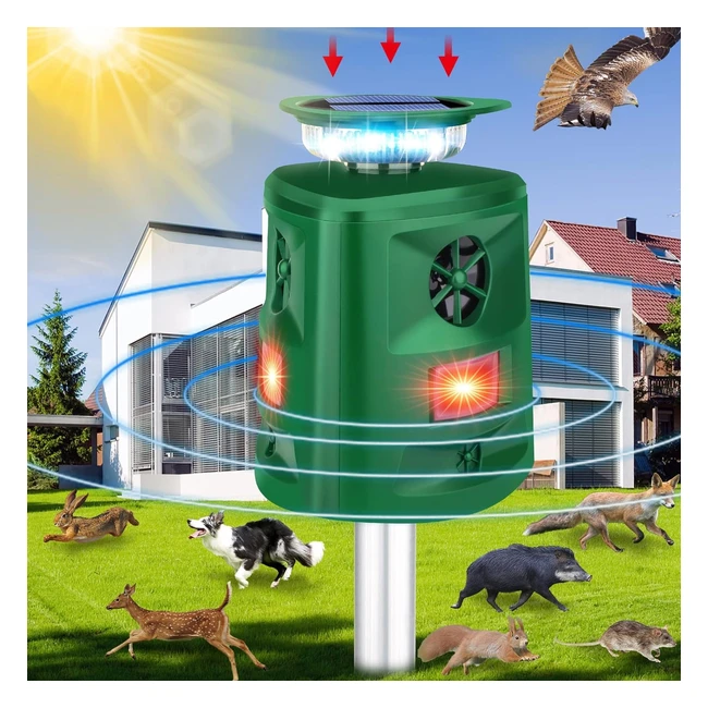 Ultrasonic Animal Repeller 360 Solar Outdoor Cat Repellent - Motion Sensor, LED Flashing Light - 5 Modes - Waterproof