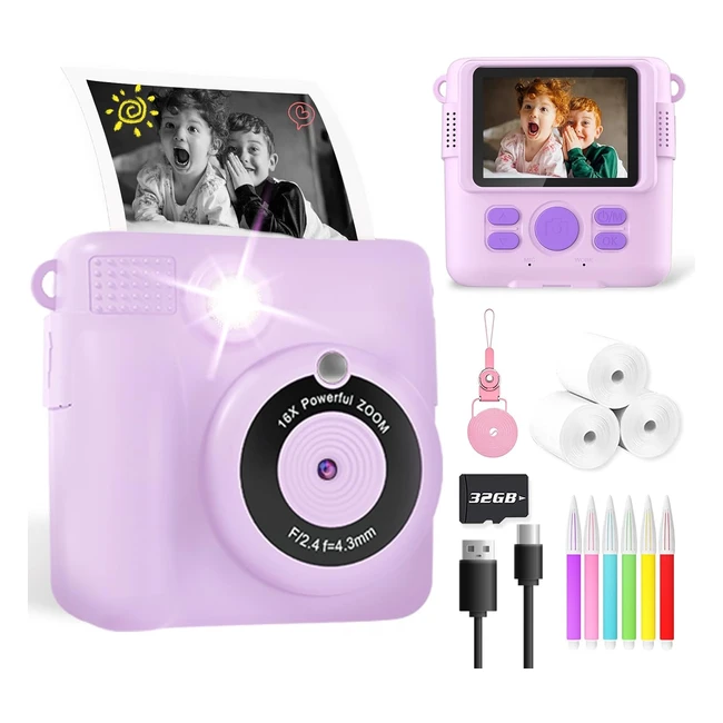 Kids Camera for Girls Boys - Instant Print Camera for Kids - 1080p HD Digital Camera Toy - Birthday Gifts for 3-12 Year Olds