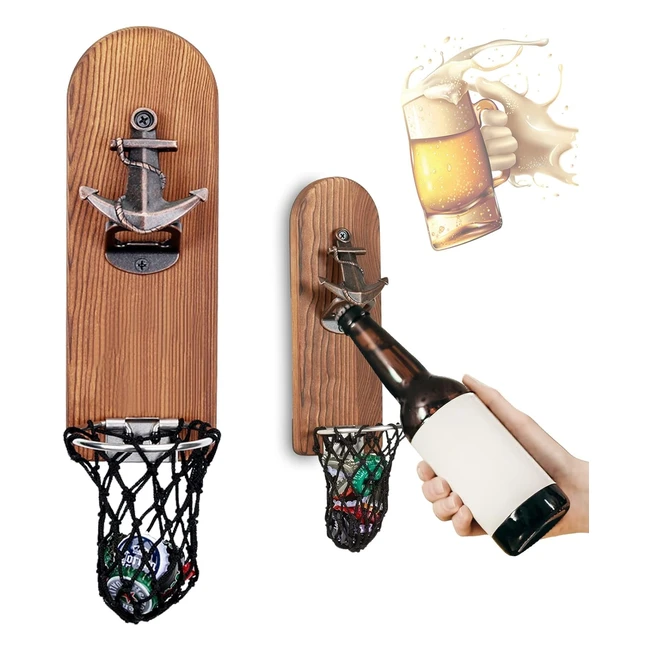 Ouvre-bouteille mural magnétique en bois - Vintage, original, avec cap catcher - Accessoire bar extérieur - Cadeau homme pour papa, ami et collègue - Style 4