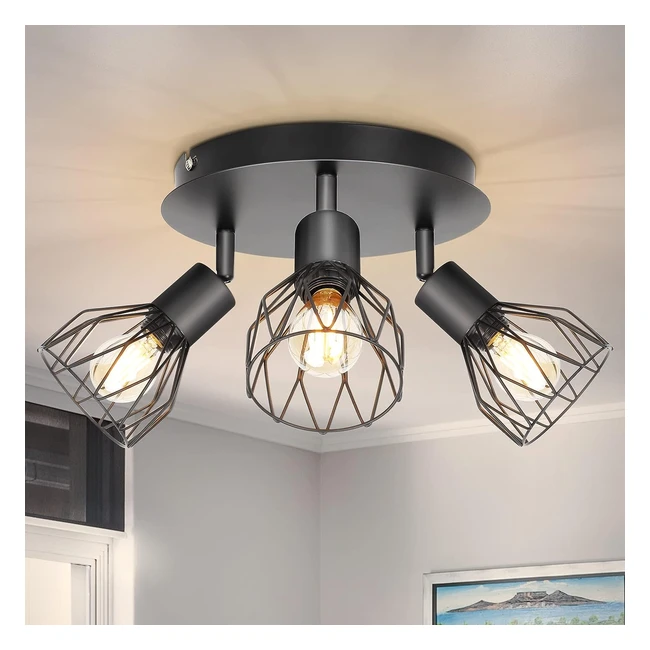 Kimjo 3-Way Ceiling Spotlight | Rotatable Spot Light | Black Industrial Lights | E14 Fittings | Wire Cage Wall Spotlight | Kitchen Living Room Bedroom
