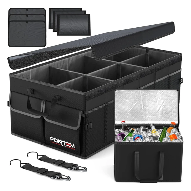 Fortem Car Boot Organizer - Collapsible, Multi Compartment, Non-Slip Bottom - Black
