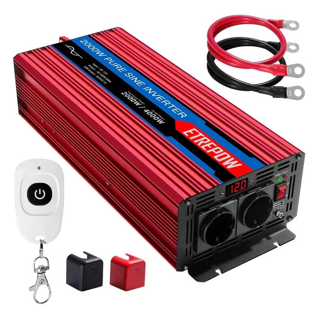 Onduleur Convertisseur 2000W Pur Sinus 12V 220V - Marque Etrepow - Prises EU AC, Port USB, Télécommande, Affichage Numérique - Puissance de Pointe 4000W
