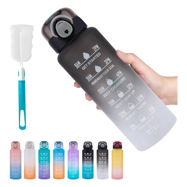 Gourde Sport 1L BPA-Free Tritan 1000ml - Motivante avec Paille et Horodateur - Noir/Blanc